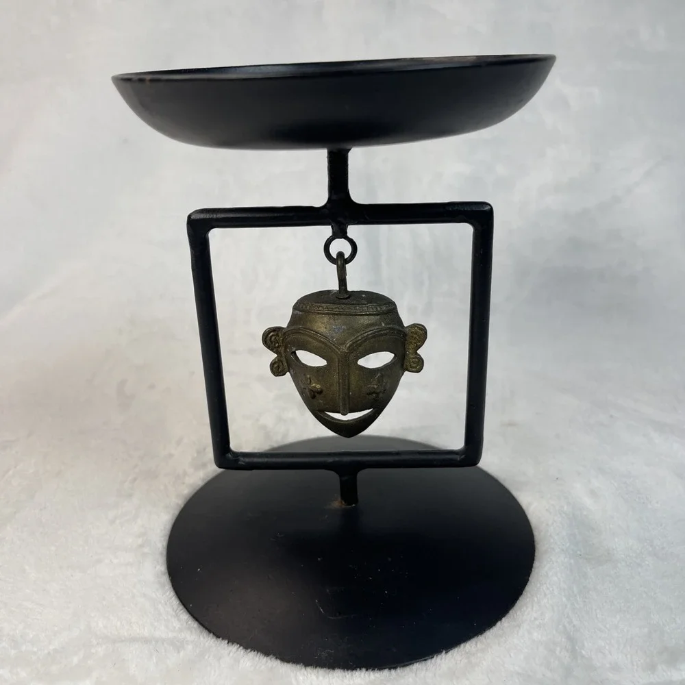 Black Metal Candle Holder Trinket Dish with Brass African Mask 6